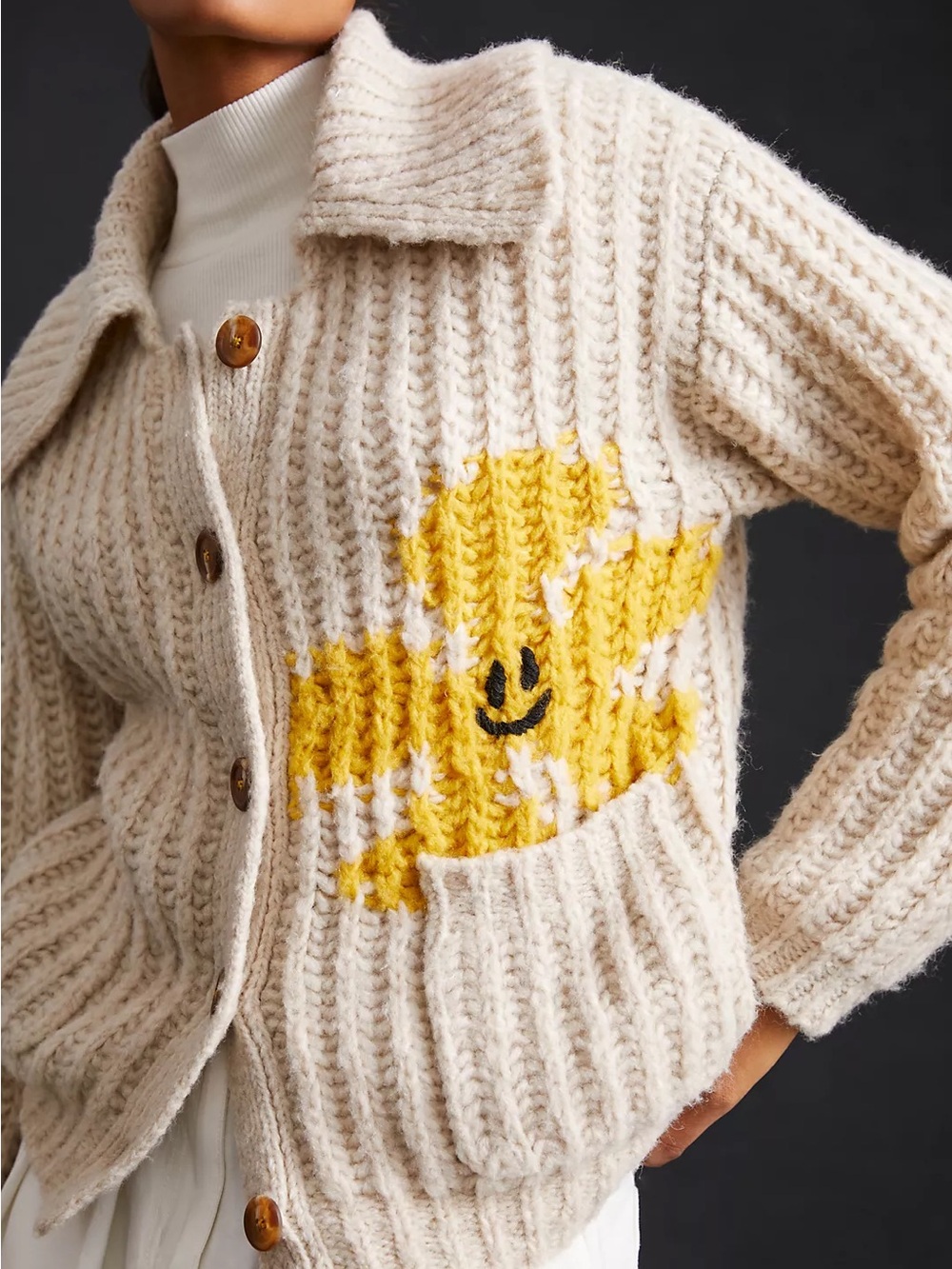 Anthropologie Pilcro Happy Flower Chunky Cardigan Medium Collared Wool PETITE